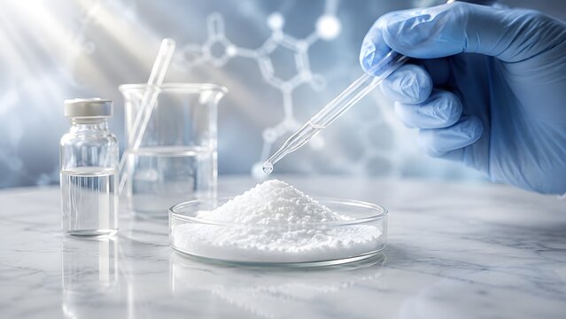 Blue gloved hand dropping liquid onto white powder inside petri dish. Concept of laboratory experimentation, and forensic chemical analysis.
