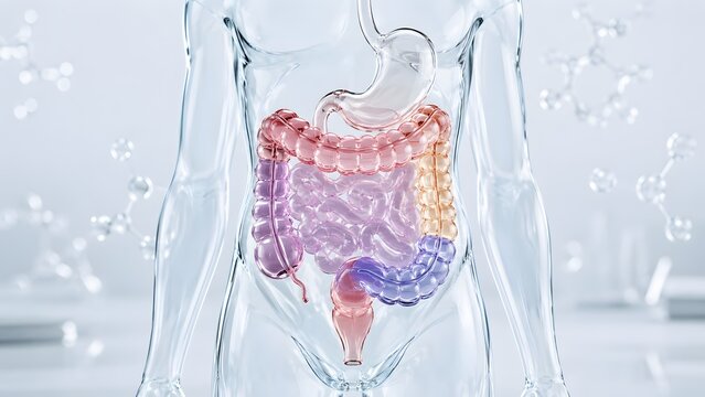 Transparent glass human torso displaying detailed 3d digestive organs. Concept of modern anatomical education, and gastroenterology diagnostics.