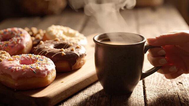 Steaming coffee with glazed donuts on wood.