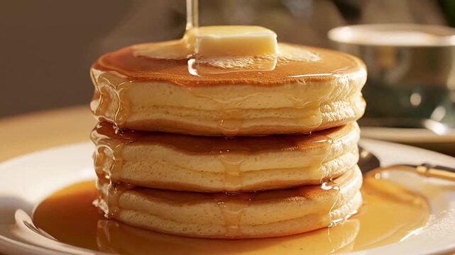 Stack of fluffy pancakes with pouring maple syrup.