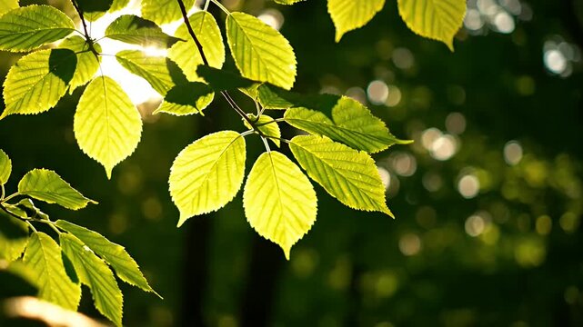 Sun rays shining through vibrant green forest leaves.