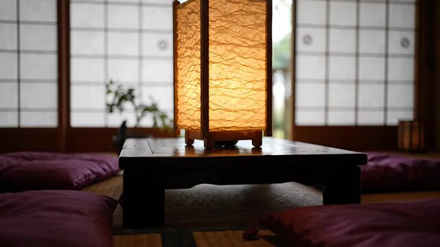 Traditional Japanese room with tatami and paper lamp.