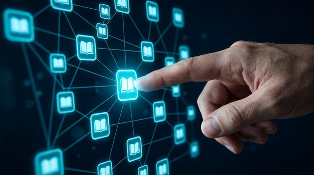 Human hand touching a glowing digital network interface node featuring book icons representing global online education knowledge sharing concepts and digital library databases access
