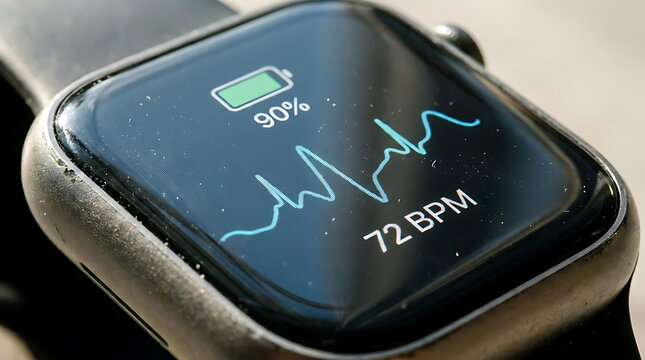 Smartwatch displays heart rate monitoring with 90 percent battery and 72 bpm reading