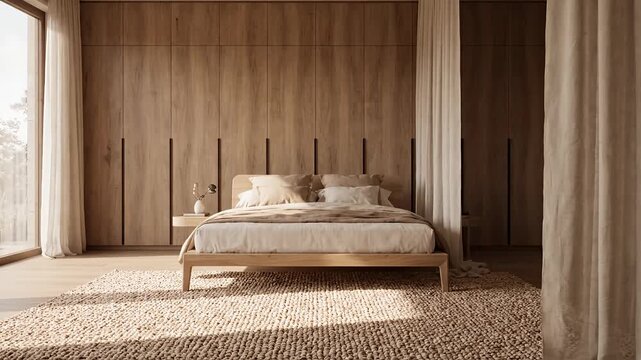 Zen minimalist bedroom with light wood paneling.