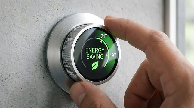 Close up of a person adjusting a smart thermostat displaying energy saving mode with leaf icon and temperature settings