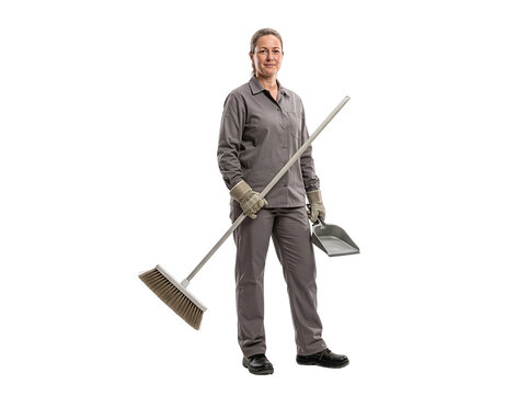 A smiling woman in a cleaner's uniform stands ready with a broom and dustpan.