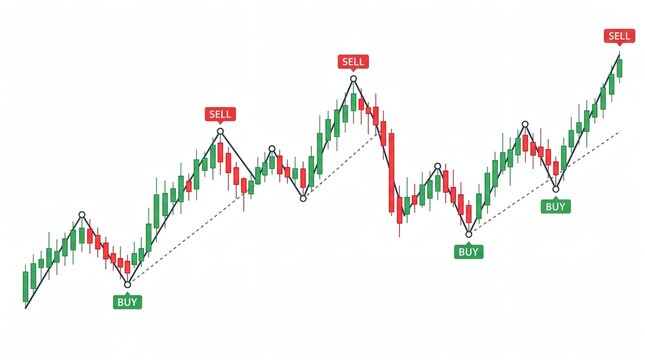 Stock market candlestick chart with buy and sell signals