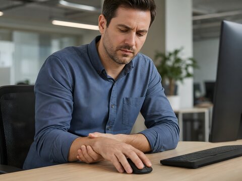 Office Worker Experiencing Wrist Pain While Using a Computer Mouse
