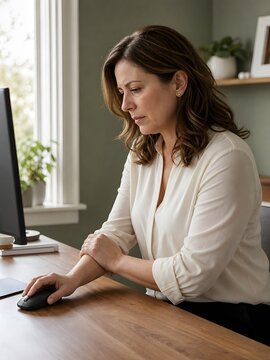 Woman Experiencing Wrist Pain While Working at Home Computer