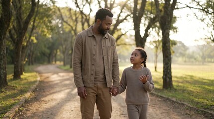 Fototapeta premium Afro-Brazilian father holding hands and walking with his young daughter in a park