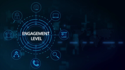 Fototapeta premium Digital interface featuring a central circle with the words engagement level surrounded by various business and technology on a dark blue background, with a subtle, map pattern and, light lines
