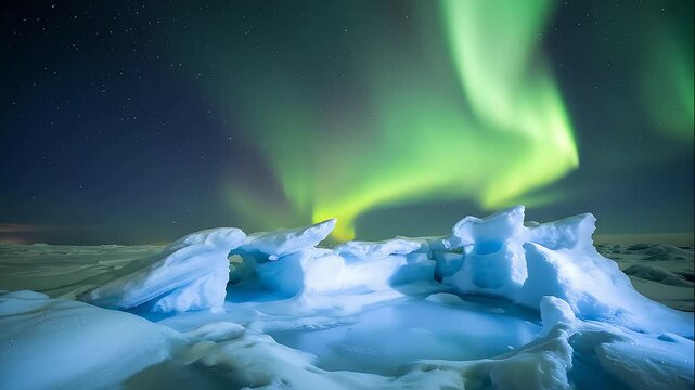 Green northern lights illuminate jagged ice shelves.
