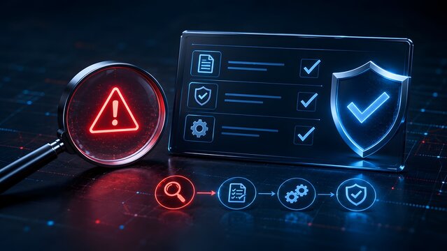 Magnifying glass over red alert node near blue document checklist and shield. Concept of cybersecurity audit process and network safety verification.
