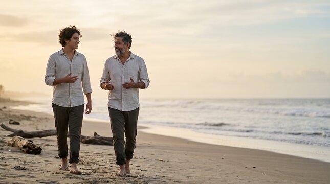 Latino father and teenage son walking side by side on a quiet beach at sunrise