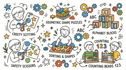 Fototapeta premium Set of Playful Hand Drawn Montessori Education and Early Childhood Development Illustrations, Doodle Drawings of Sorting Board, Puzzles, Counting Beads, Modern Outline Line Art Style