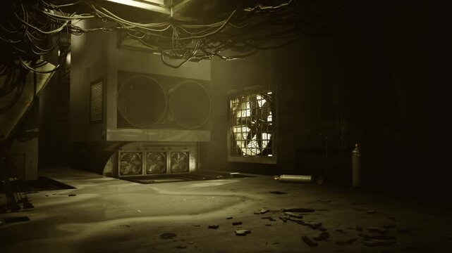 Moody derelict room staged for shoot, skylight highlights dust motes, exposed wires, cracked flooring, vintage props suggested, cinematic composition