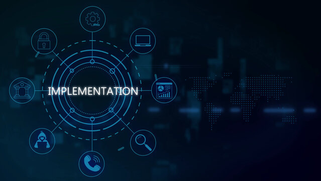 Implementation concept infographic with glowing blue circular network interface, featuring for technology, business, security, and communication on a dark background, with a dotted map