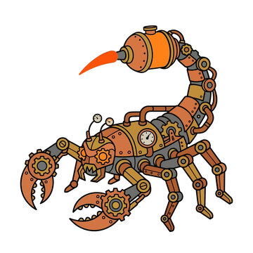 Steampunk scorpion mascot illustration with mechanical gears and clockwork design elements