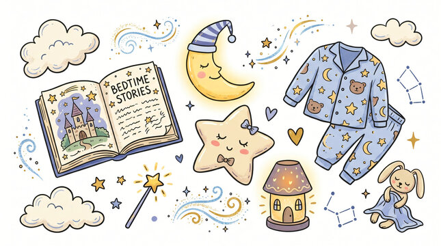 Set of Playful Hand Drawn Children Bedtime Stories and Cozy Parenting Illustrations, Doodle Drawings of Open Fairy Tale Book, Moon, Star Cushion, Pajama, Enchanting Whimsical Vector Art Style