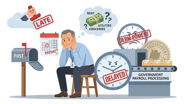 Man stressed by government payroll processing delays and financial worries.