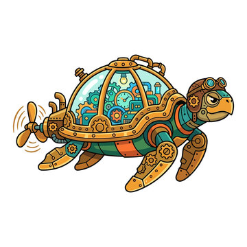 Steampunk sea turtle illustration with mechanical gears and propeller isolated on white