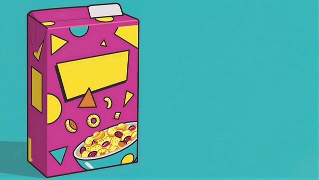 Colorful cereal box with geometric shapes, vibrant pink and yellow design on teal background.