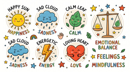 Fototapeta premium Set of Playful Hand Drawn Kids Emotional Intelligence and Mental Health Parenting Illustrations, Abstract Psychological Concept Shapes, Contemporary Flat Vector Style, White Backdrop