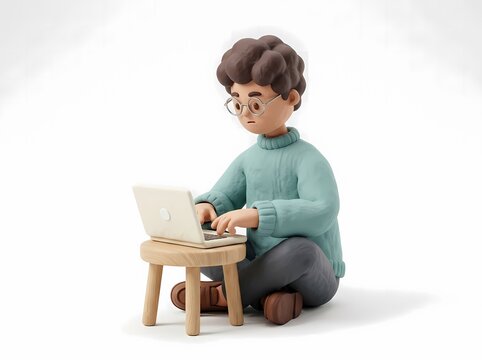 3D Illustration of a Character Working on Laptop for Remote Business Freelance and Education Concept Isolated on White