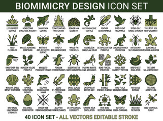 Obraz premium Diverse nature icons showcase various biomimicry designs for inspiring functional solutions across many industries