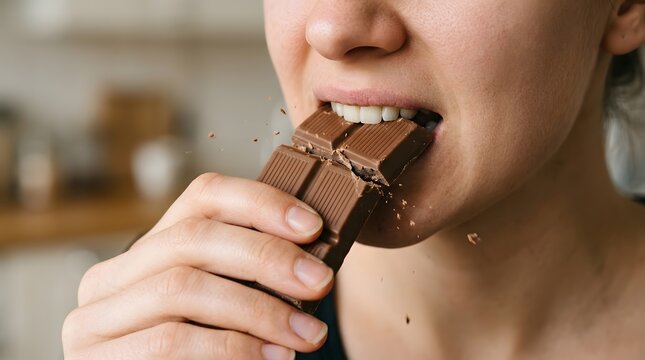 Woman Eating A Delicious Chocolate Bar With Hands