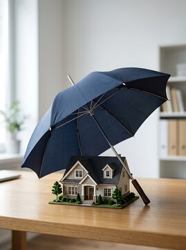 Blue Umbrella Protecting a Miniature Residential House Model on Desk