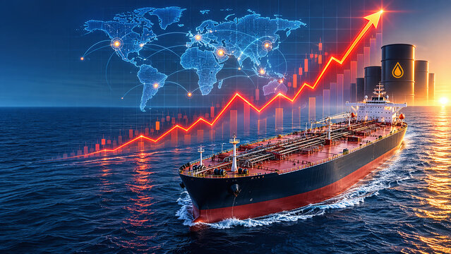 Cargo tanker ship sailing with glowing red upward trend line, bar charts, and oil barrels representing rising energy prices, economic growth, and global trade logistics.