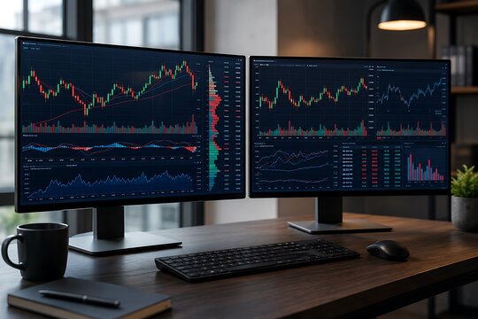 Professional Dual Monitor Financial Trading Desk with Data Analysis