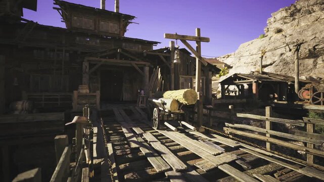 Sunlit loading dock in namibia desert town, stacked crates beside empty cart along wooden faade, steep rocky backdrop and warm grainy texture suggesting pioneer