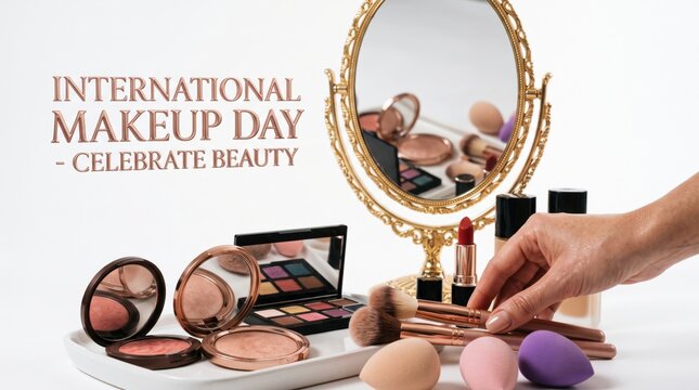International makeup day text next to a gold oval mirror with cosmetic brushes eyeshadow palettes blush compacts and colorful makeup sponges on a white tray with a hand holding a brush