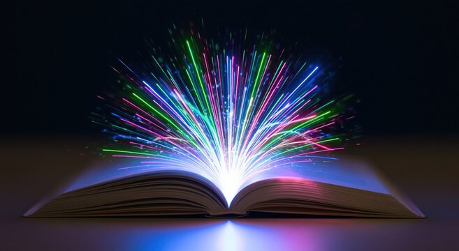 Book with glowing light beams of imagination and magic for education and reading