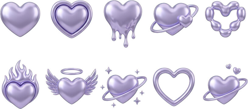 A collection of ten unique lavender metallic heart icons featuring diverse artistic styles including melting drips wings flames rings and orbits designed with a polished glossy chrome