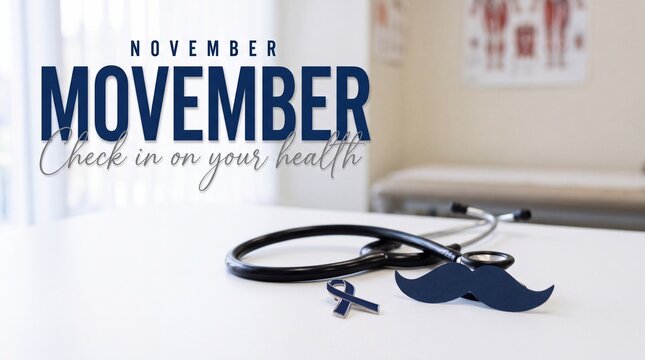 Movember November men's health awareness concept with realistic stethoscope, blue mustache cutout, and medical ribbon on modern doctor's office desk