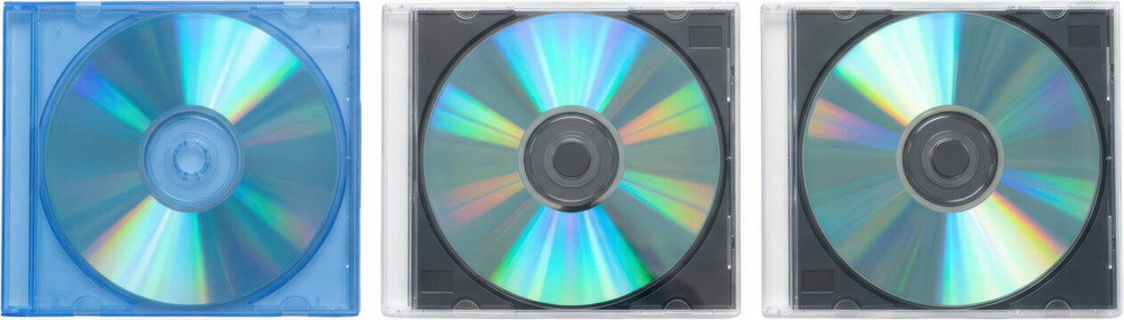 Three compact discs inside plastic cases arranged side by side featuring a shiny reflective surface that displays rainbow light patterns and circular metallic details from the reflective