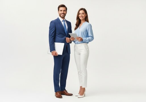 Professional business couple standing isolated on white background