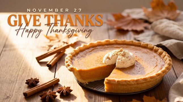 Give Thanks Happy Thanksgiving calligraphy text with pumpking pie, November 27 date, cinnamon sticks, star anise, autumn leaves on wooden table, seasonal greeting background