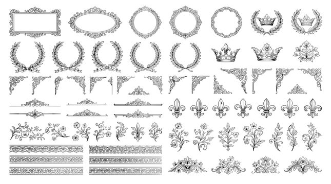 Vintage ornamental design elements set, black filigree borders and frames svg, royal heraldic crowns and floral dividers for wedding invitations