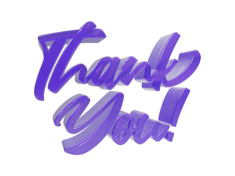A3d rendered purple glossy text sign that says thank you in a cursive script font, isolated on a solid black background, for gratitude