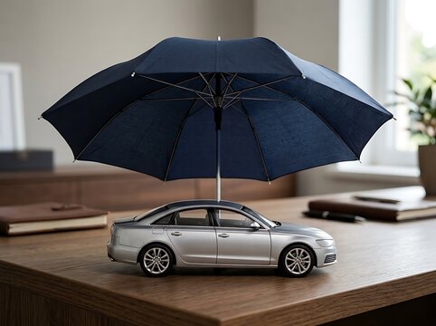 Silver Model Sedan Protected by Navy Blue Umbrella on Office Desk