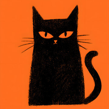 A hand-drawn icon of Halloween featuring a textured black cat in vector format.