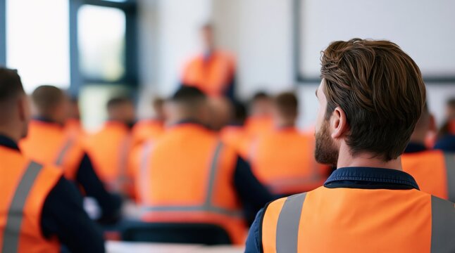 Construction workers attending a professional safety training seminar in classroom