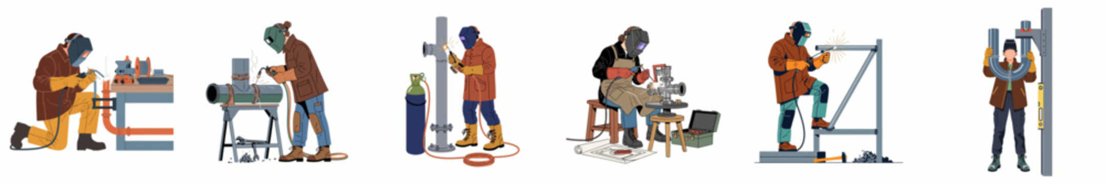 Collection of professional welder and metal worker illustrations performing various industrial tasks in protective gear, isolated on a white background.