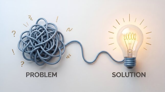 Simplifying complexity strategy showing messy tangled wire becoming bright lightbulb symbolizing business problem resolution and clear solutions