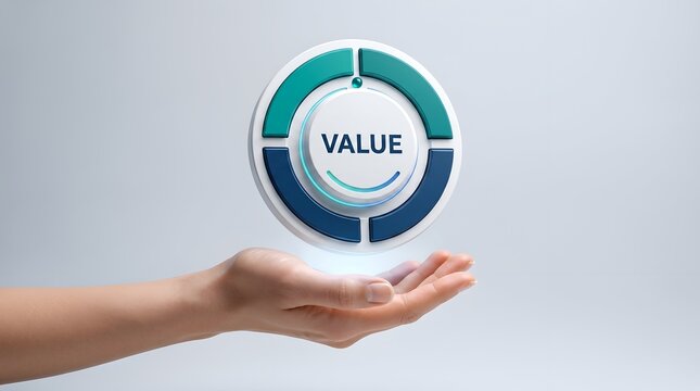 Customer value proposition concept showing hand holding glowing digital circle representing corporate core values and business roi
